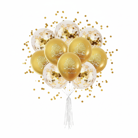 Eid Mubarak ballonnen met confetti en witte achtergrond